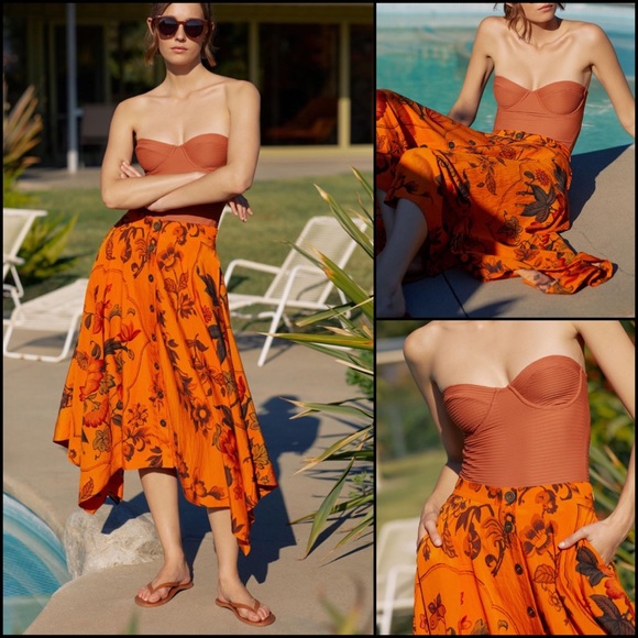 Anthropologie Orange Floral Hankerchief Button Front Midi Skirt w/Pockets - Picture 3 of 10